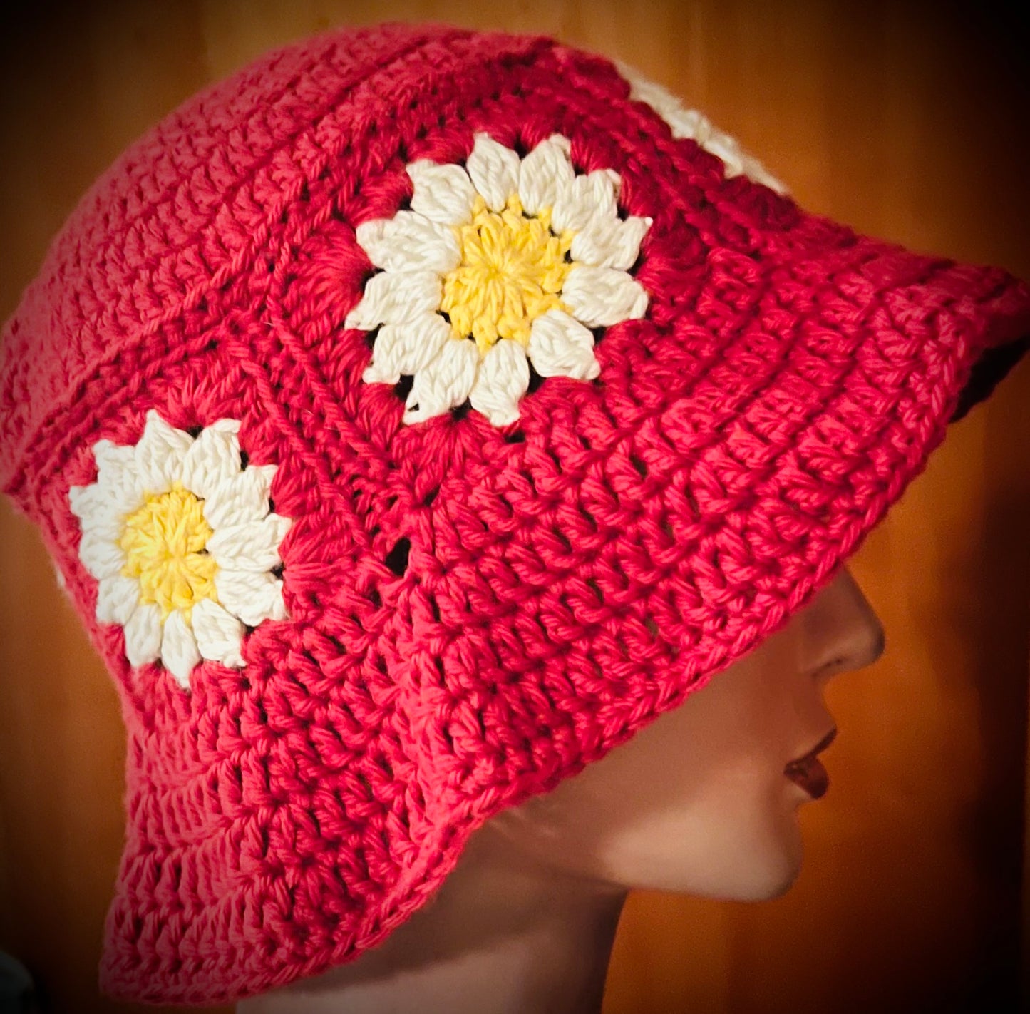 Daisy Crochet Granny Square Bucket Sun Hat by