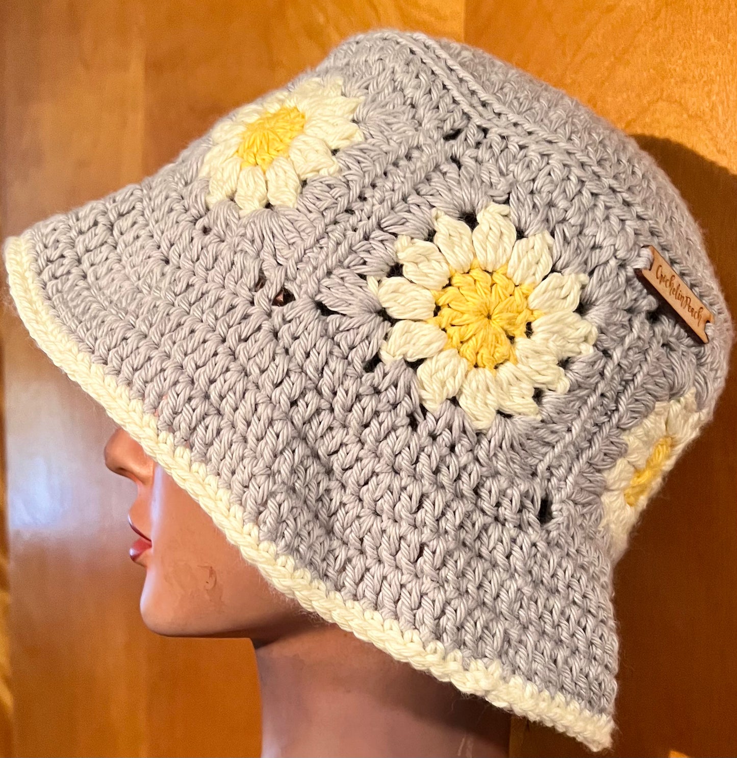 Daisy Crochet Granny Square Bucket Sun Hat by