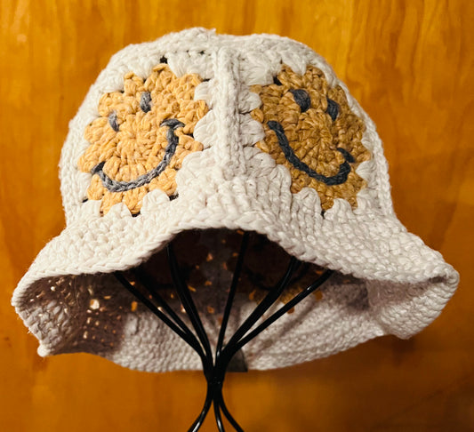 Crochet Smiley Faces Granny Square Bucket Sun Hat