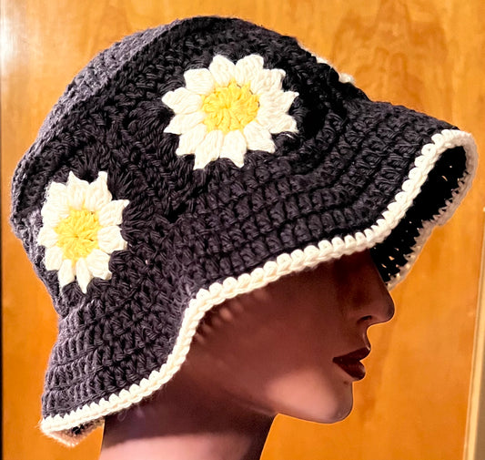 Daisy Crochet Granny Square Bucket Sun Hat by