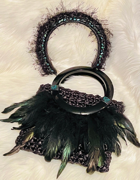 Onyx Leather Headband and Feather Handbag